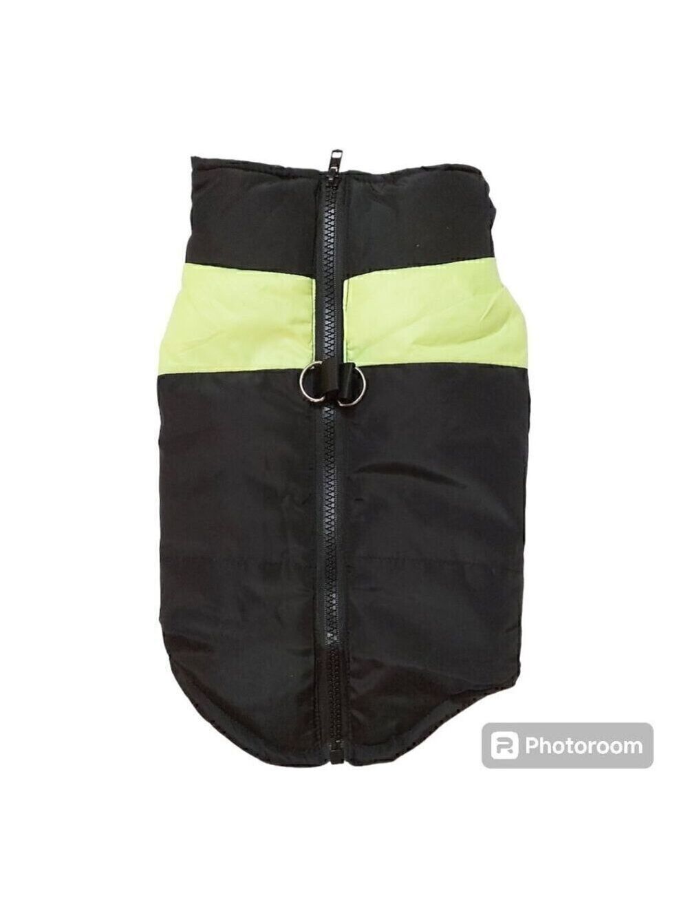 Black Dog Winter Coat with Fluorescent Green Stripe - Zipper Closure, Size Large
